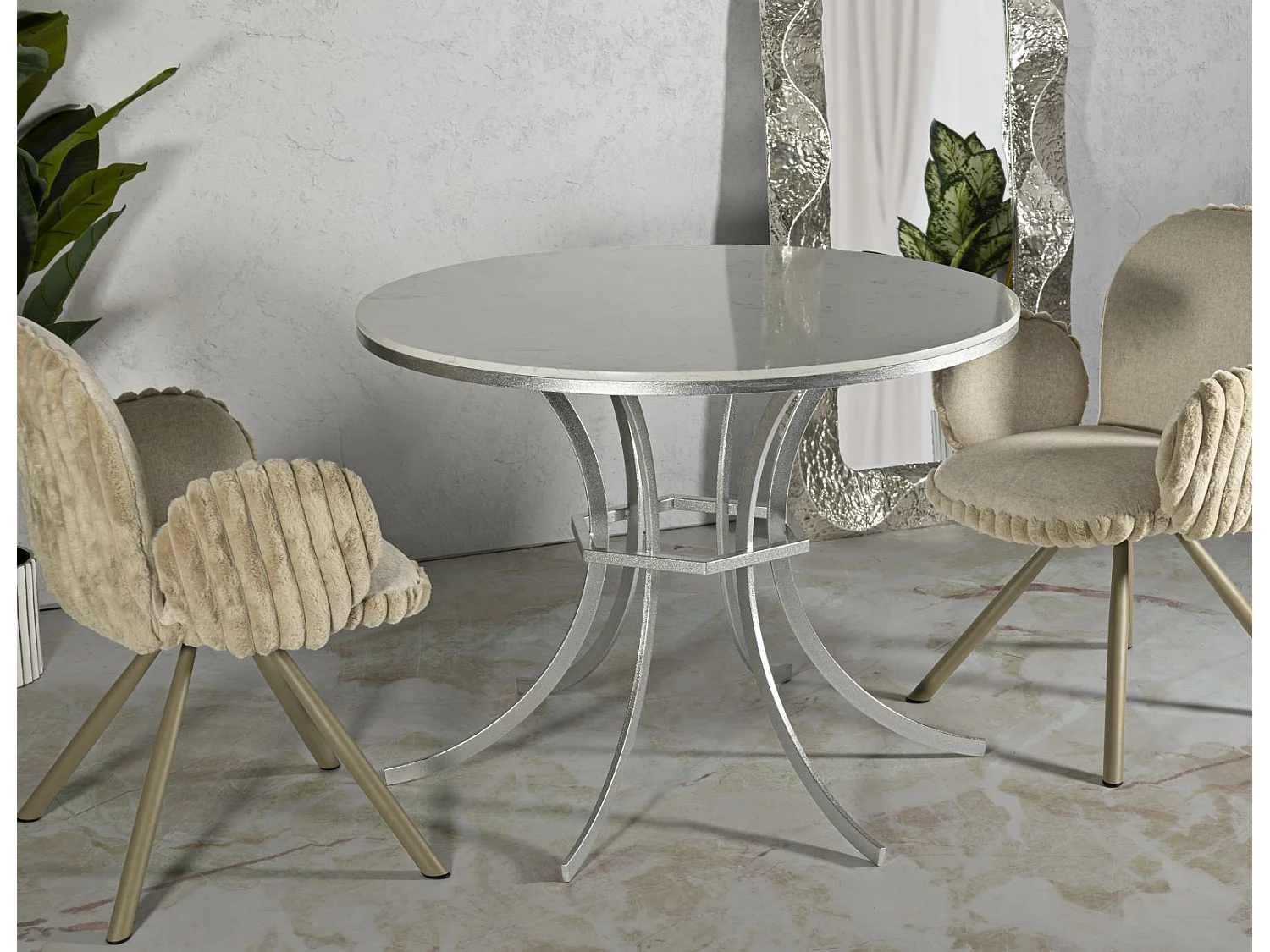 Table à manger en métal argenté et marbre, ø 100x76,5 cm