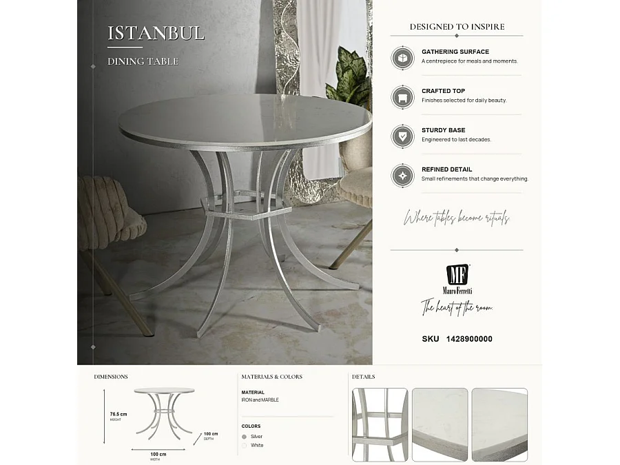Table de Repas "Istanbul" 100cm Blanc & Argent