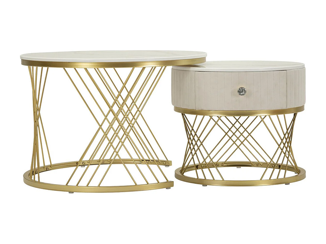 Lot de 2 Tables Basses "Votix" 70cm Crème & Or
