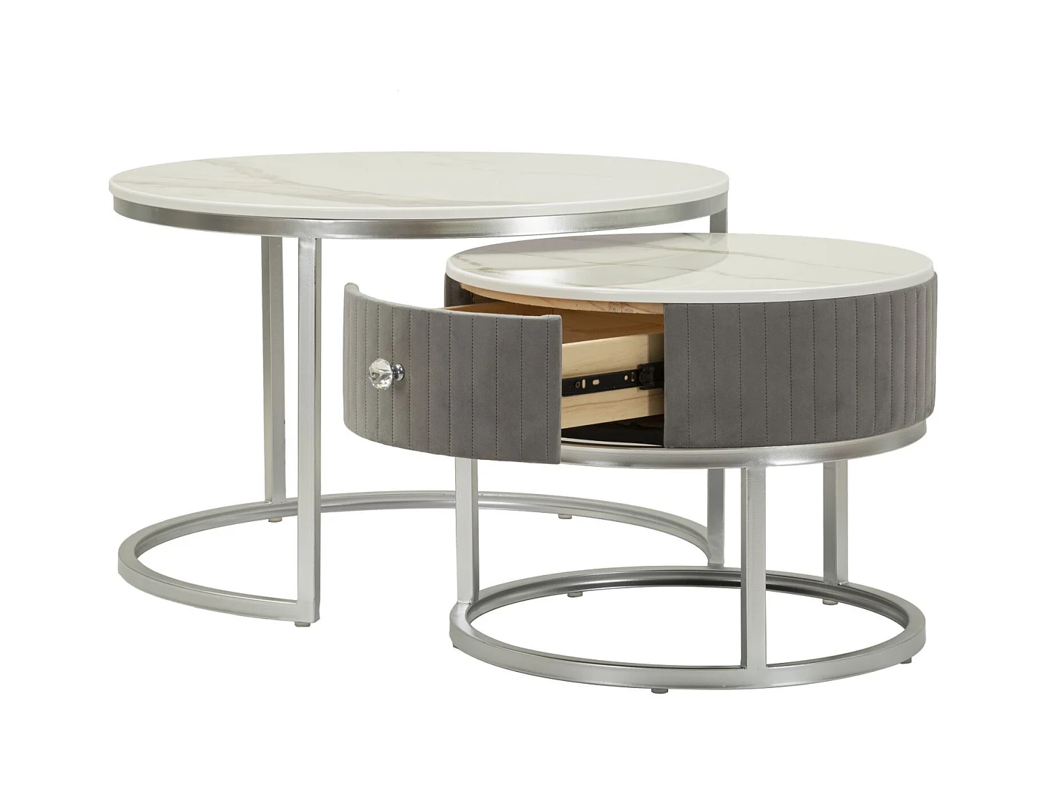 Tables basses en velours et métal, paire, ø 70x45-50x40 cm