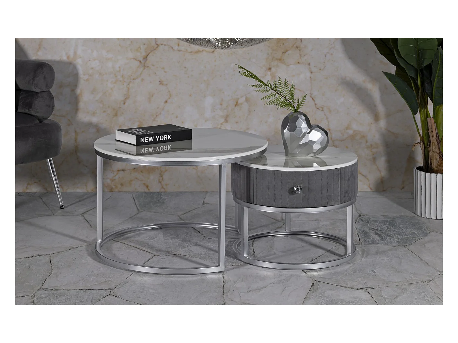 Tables basses en velours et métal, paire, ø 70x45-50x40 cm