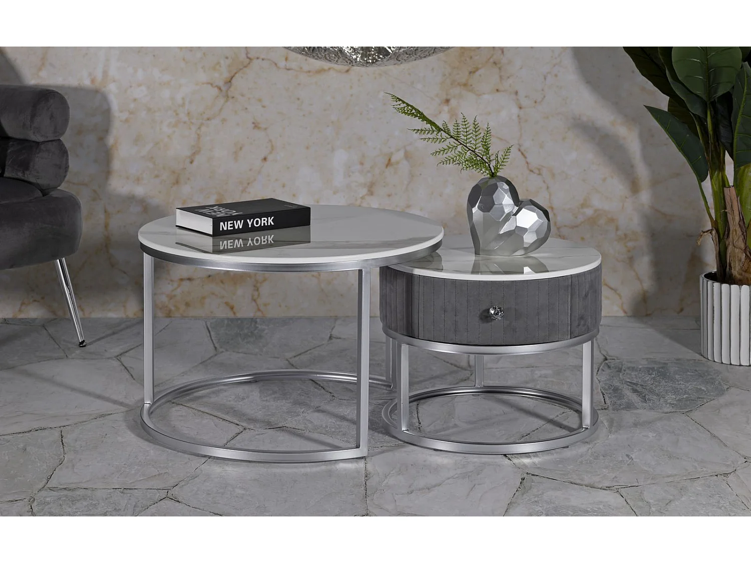 Tables basses en velours et métal, paire, ø 70x45-50x40 cm