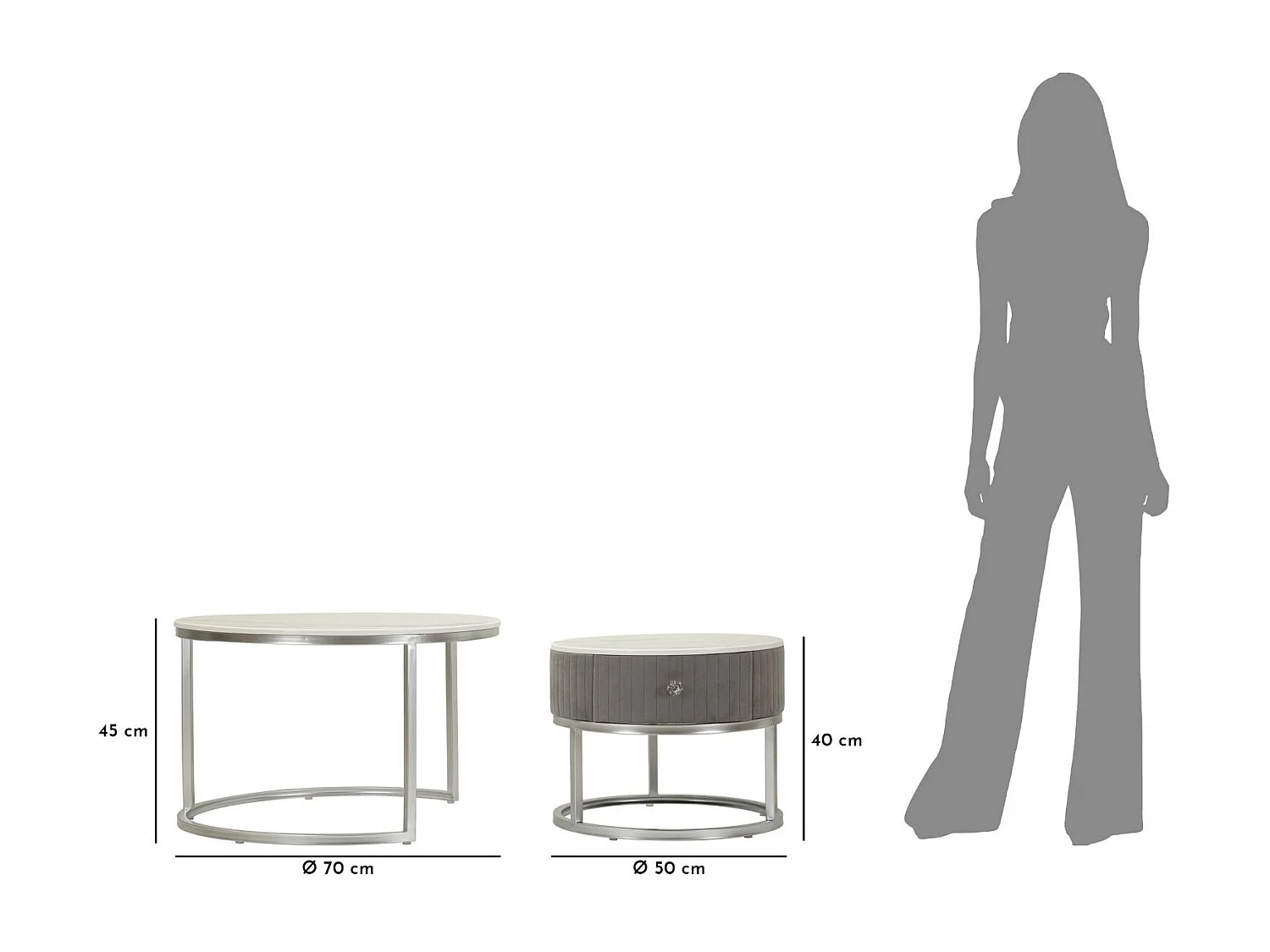 Tables basses en velours et métal, paire, ø 70x45-50x40 cm