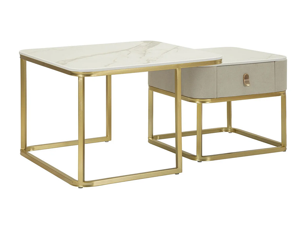 Lot de 2 Tables Basses "Beauty" 70cm Crème & Or