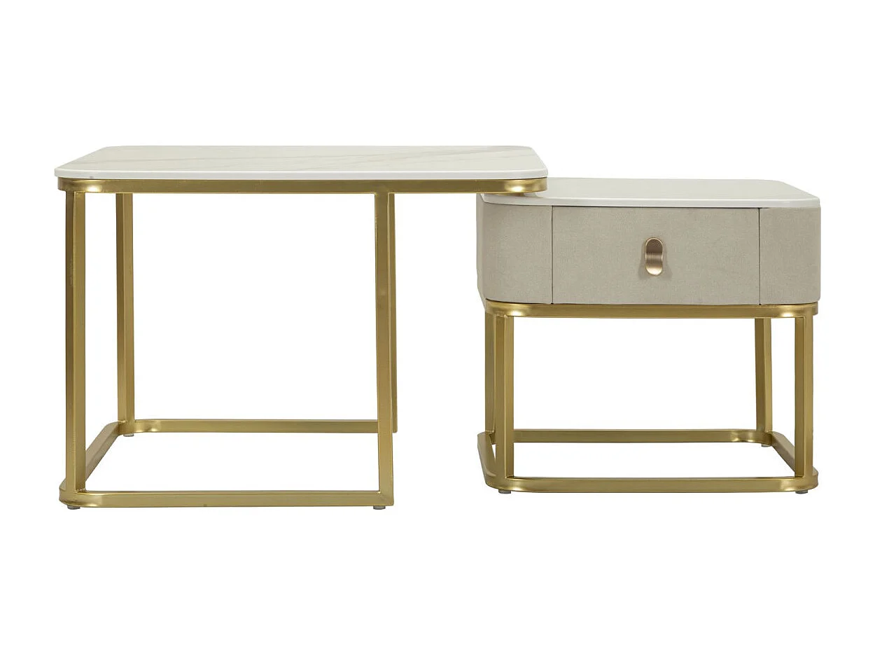 Lot de 2 Tables Basses "Beauty" 70cm Crème & Or
