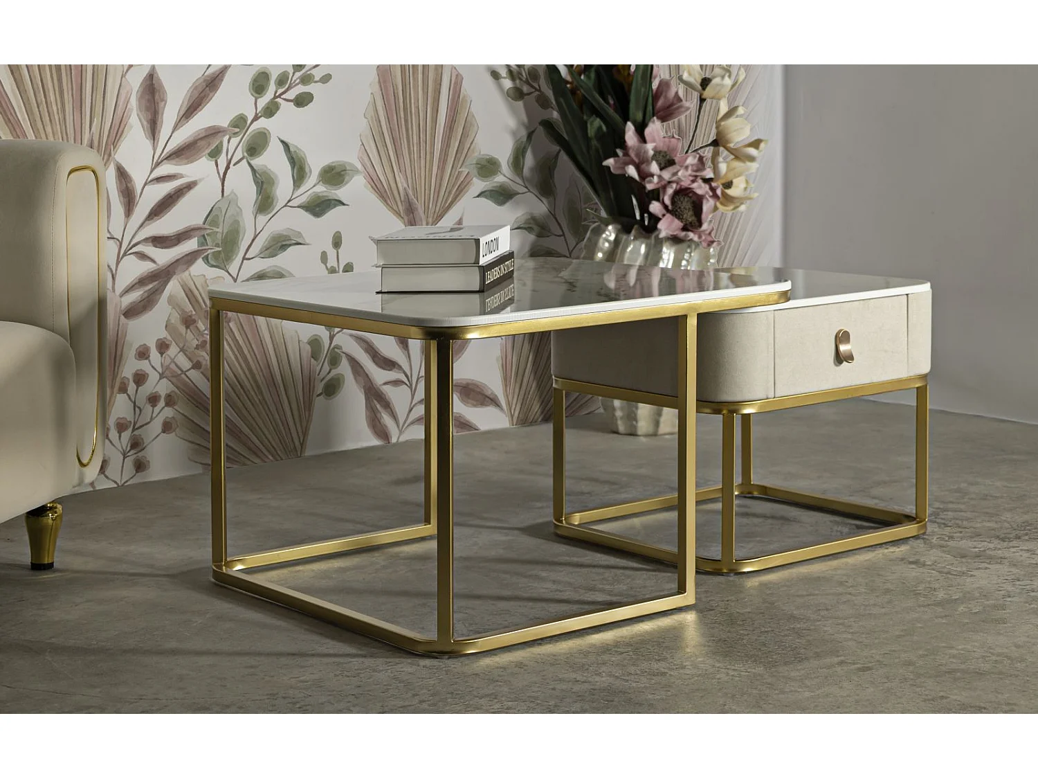 Lot de 2 Tables Basses "Beauty" 70cm Crème & Or