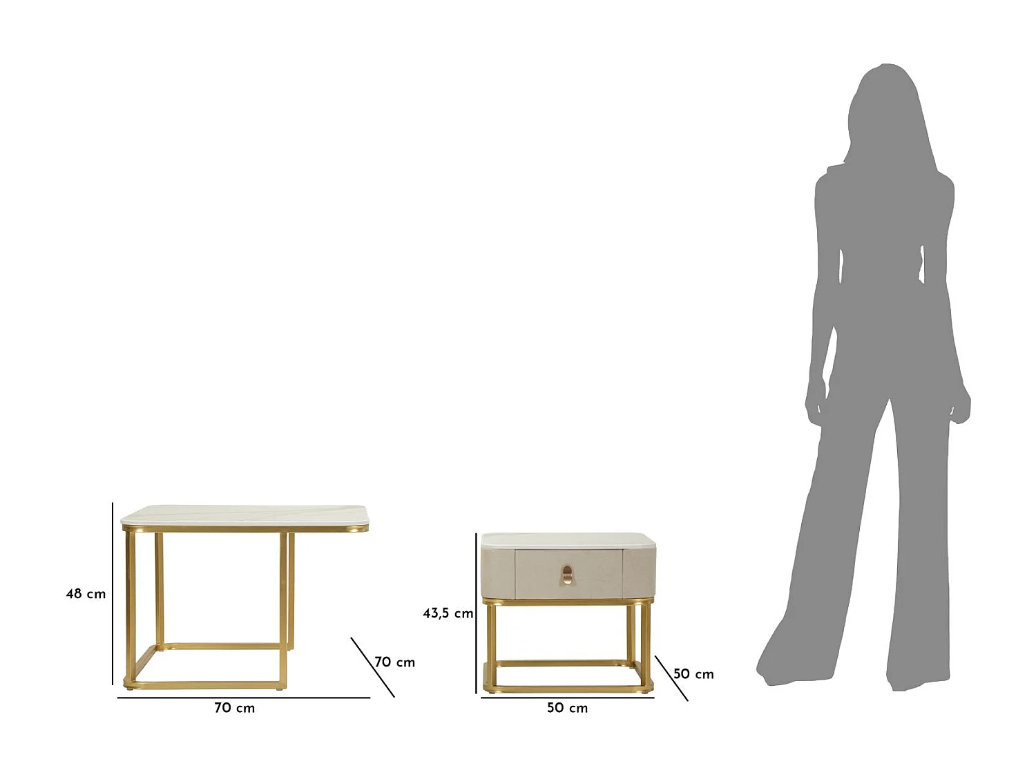 Lot de 2 Tables Basses "Beauty" 70cm Crème & Or
