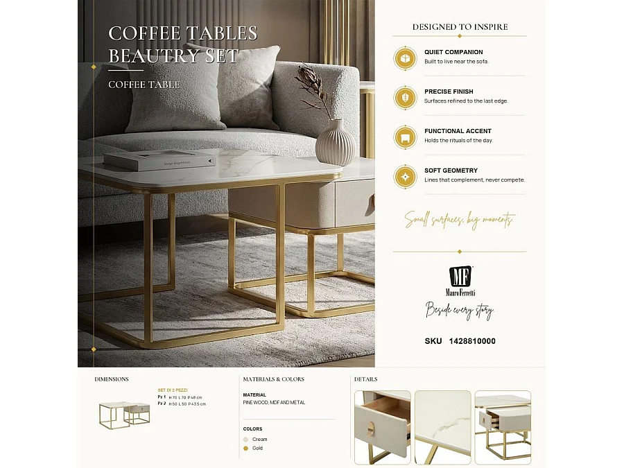Lot de 2 Tables Basses "Beauty" 70cm Crème & Or