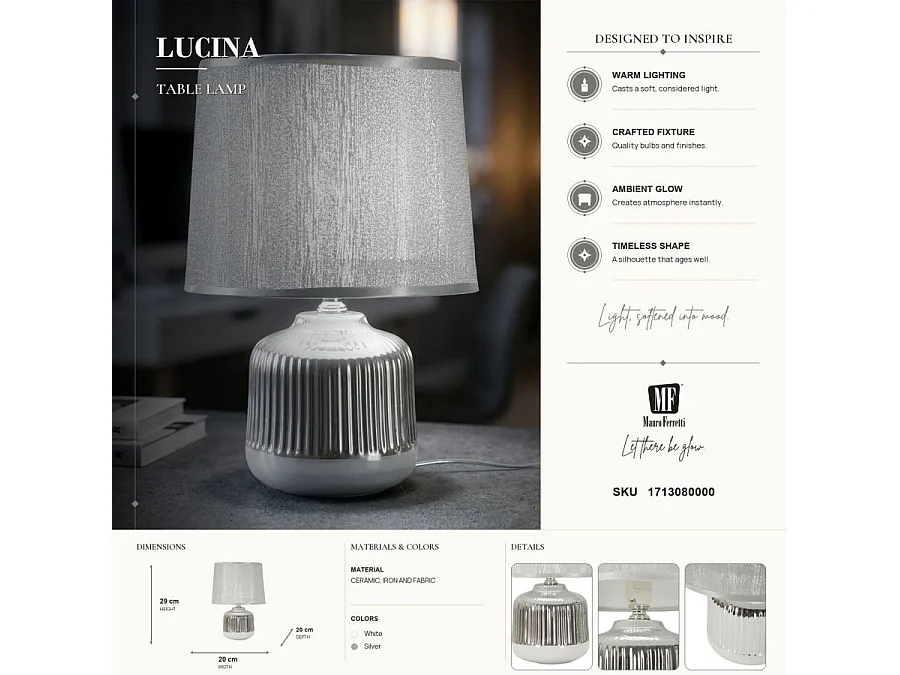 Lampa stołowa Lucina, kolor biały, ceramika, 20 x 20 x 29 cm, 1 x E14, Mauro Ferretti