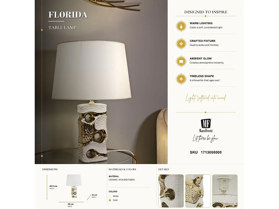 Lampe à Poser en Céramique "Florida" 43cm Blanc & Or
