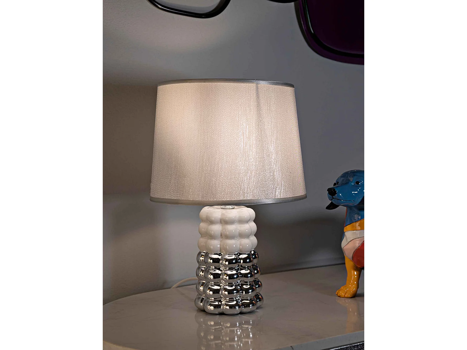 Lampe à Poser en Céramique "Lace" 33cm Argent & Blanc