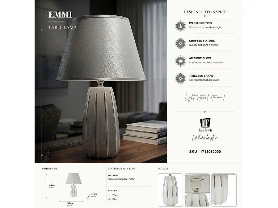 Lampe à Poser en Céramique "Emmi" 45cm Argent & Blanc