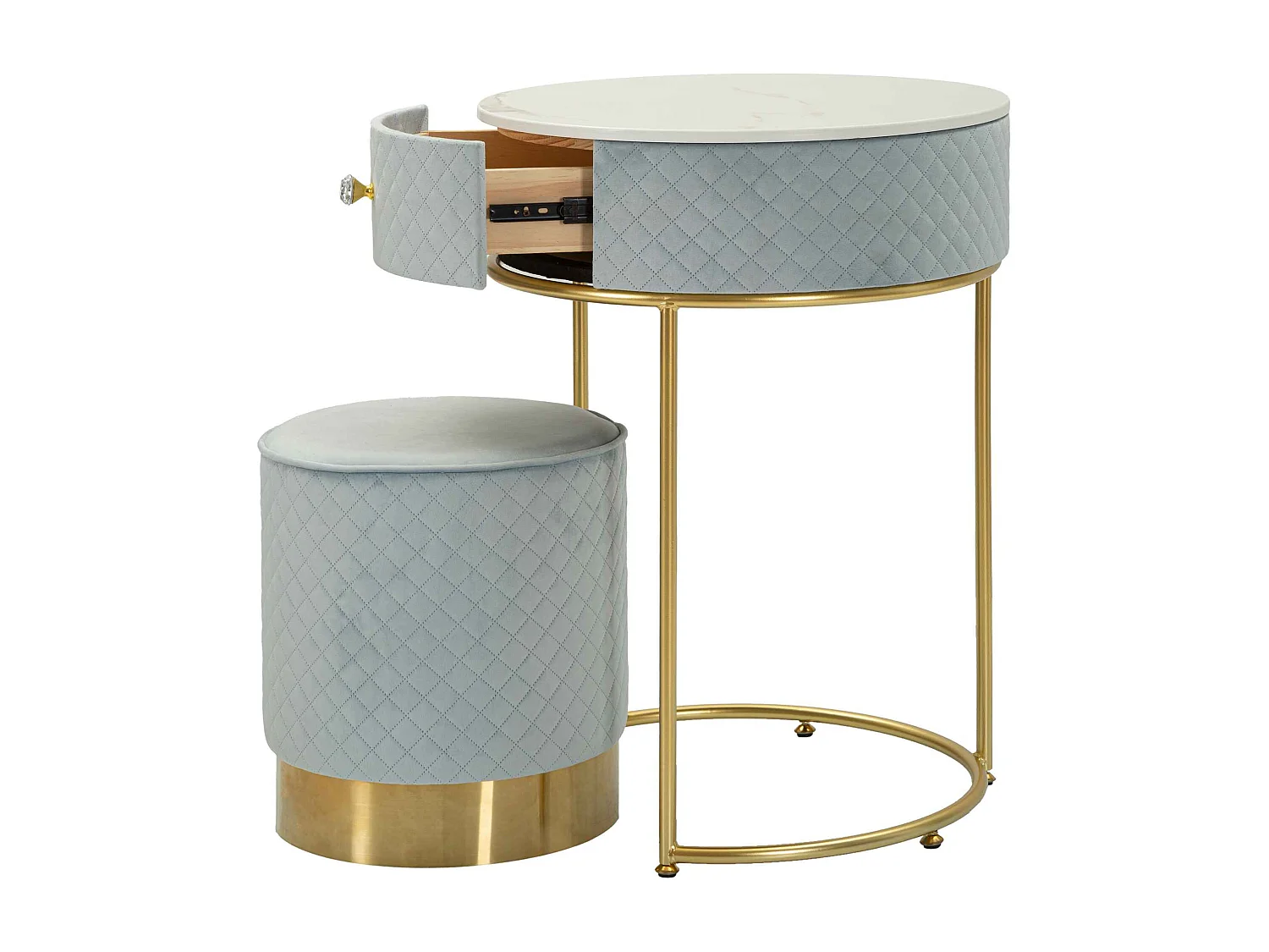 Table de chevet/coiffeuse avec pouf en velours cm ø 52x70 - ø 36x39