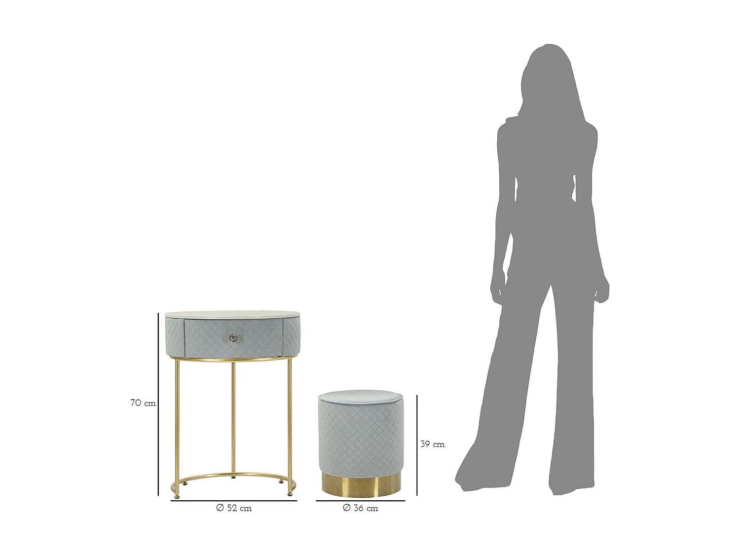 Table de chevet/coiffeuse avec pouf en velours cm ø 52x70 - ø 36x39