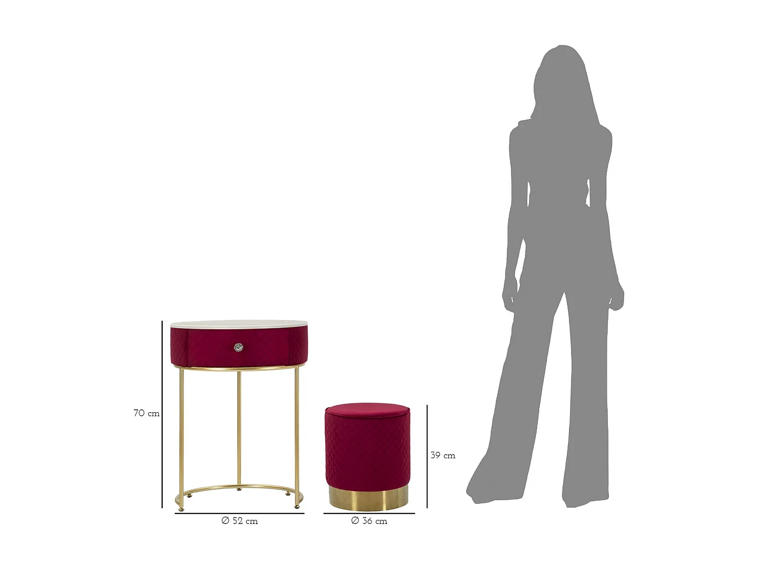 Table de chevet/coiffeuse avec pouf en velours cm ø 52x70 - ø 36x39