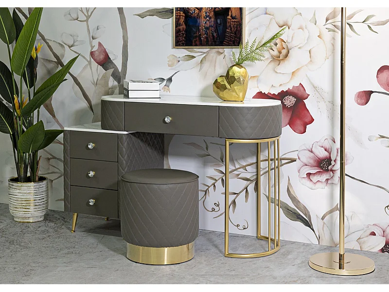 Coiffeuse Avec Pouf Effet Marbre "Sharon" 120 Gris & Or