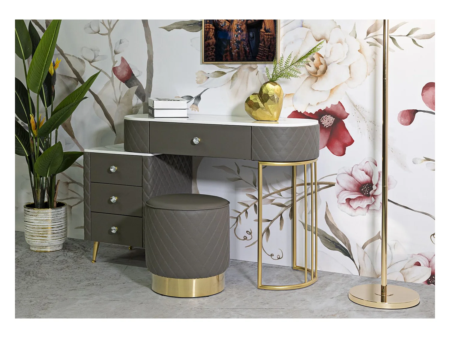 Escrivaninha com Puff Sharon Grey - Elegância e Conforto para Seu Ambiente