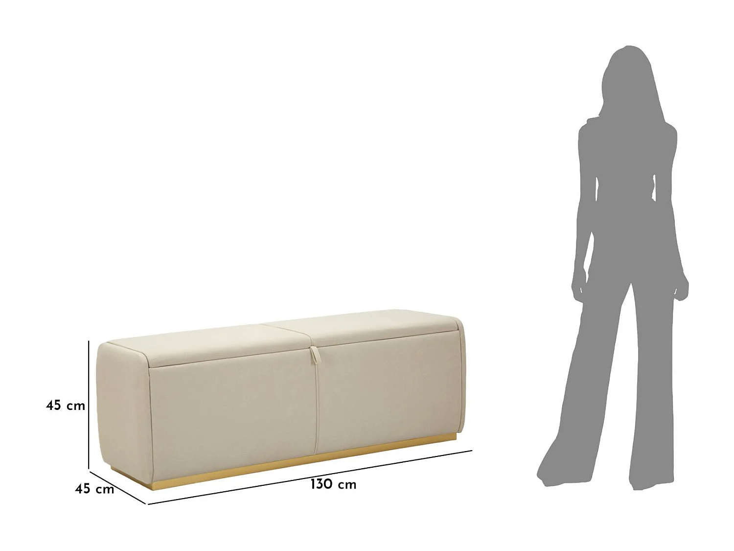 Beige stoffen bank met opbergvak, 130x45x45 cm