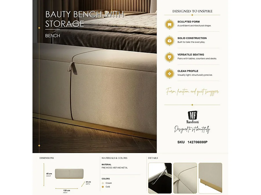 Sitzbank mit Stauraum aus Stoff beige 130x45x45 cm