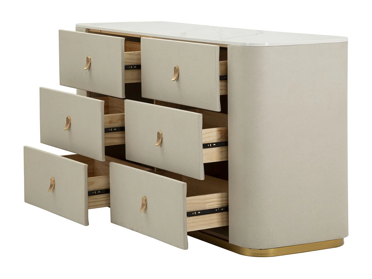 Mobile in tessuto beige e metallo dorato cm 140x45x76