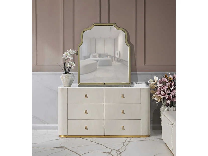 Armoire en tissu beige et métal doré, 140x45x76 cm