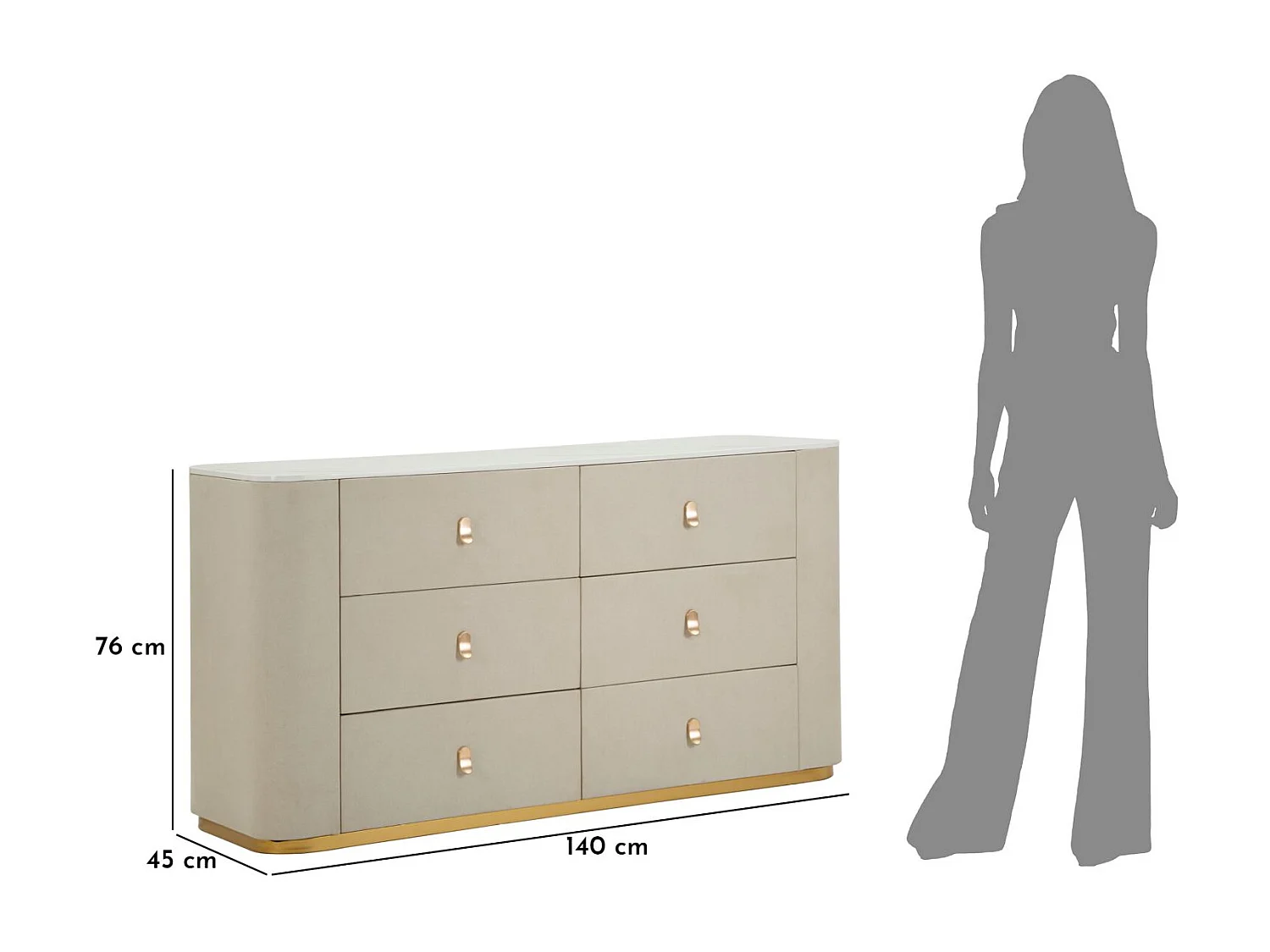 Armoire en tissu beige et métal doré, 140x45x76 cm