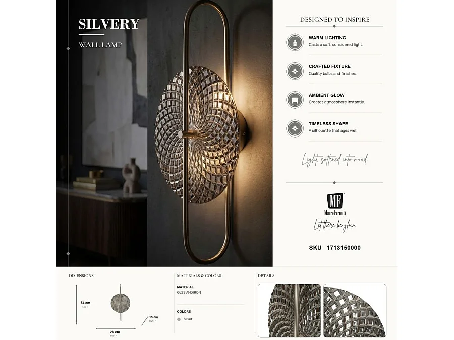 Wandlamp van zilverkleurig metaal en glas, 28x15x54 cm