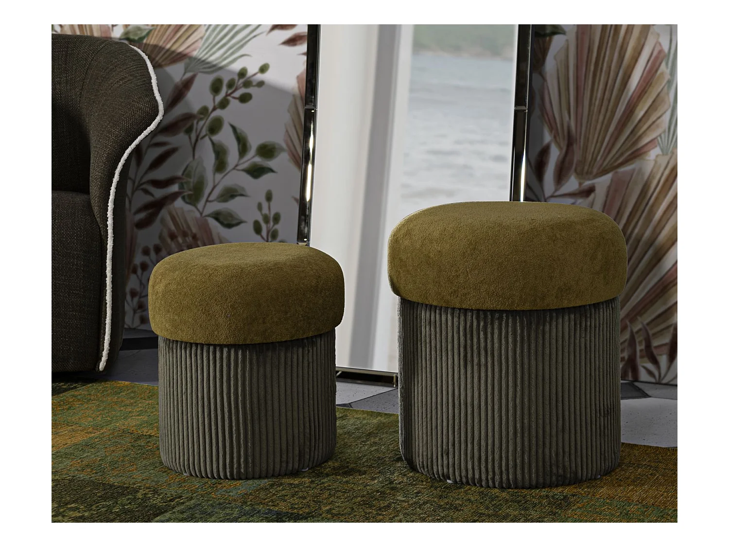 Lot de 2 poufs de rangement verts cm ø 42x44-35x37