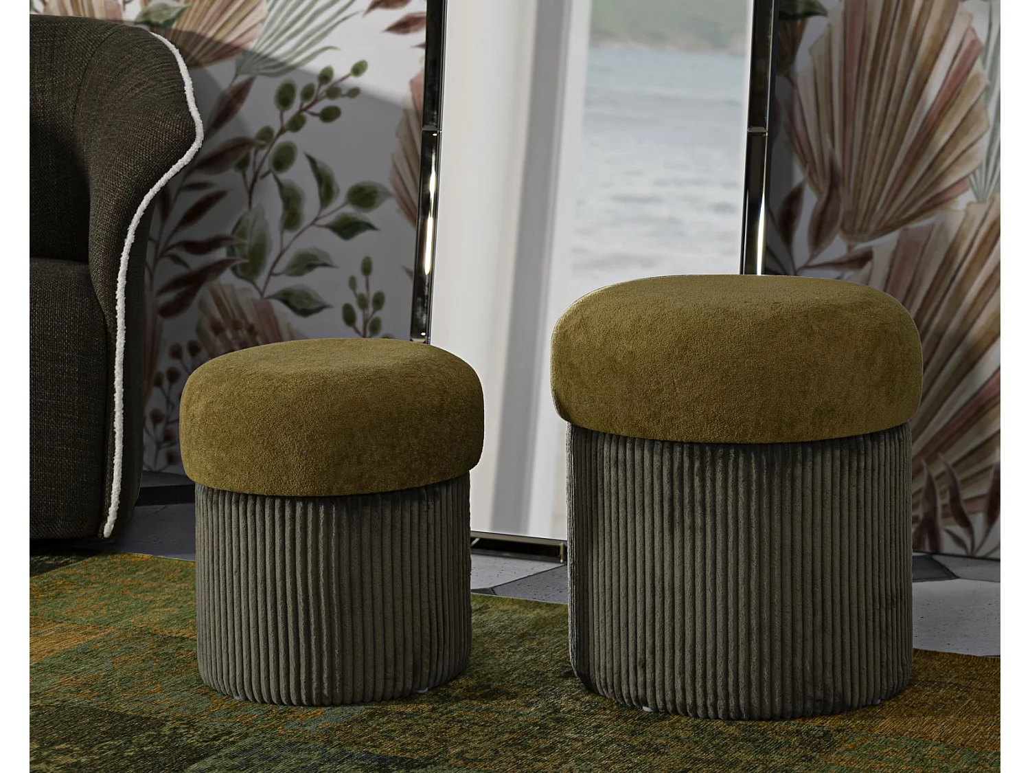 Lot de 2 poufs de rangement verts cm ø 42x44-35x37