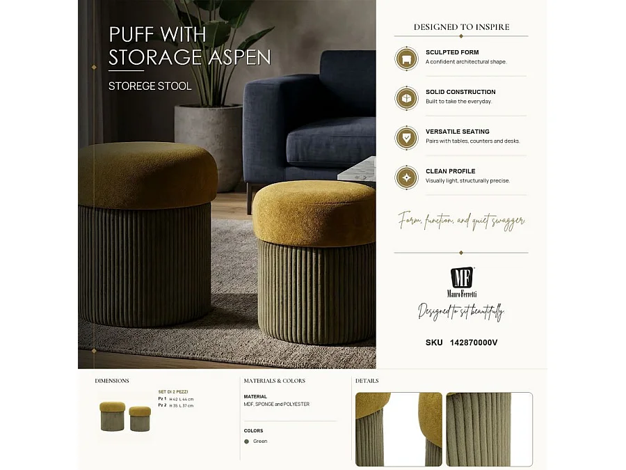 Lot de 2 Poufs Coffres "Aspen" 44cm Vert