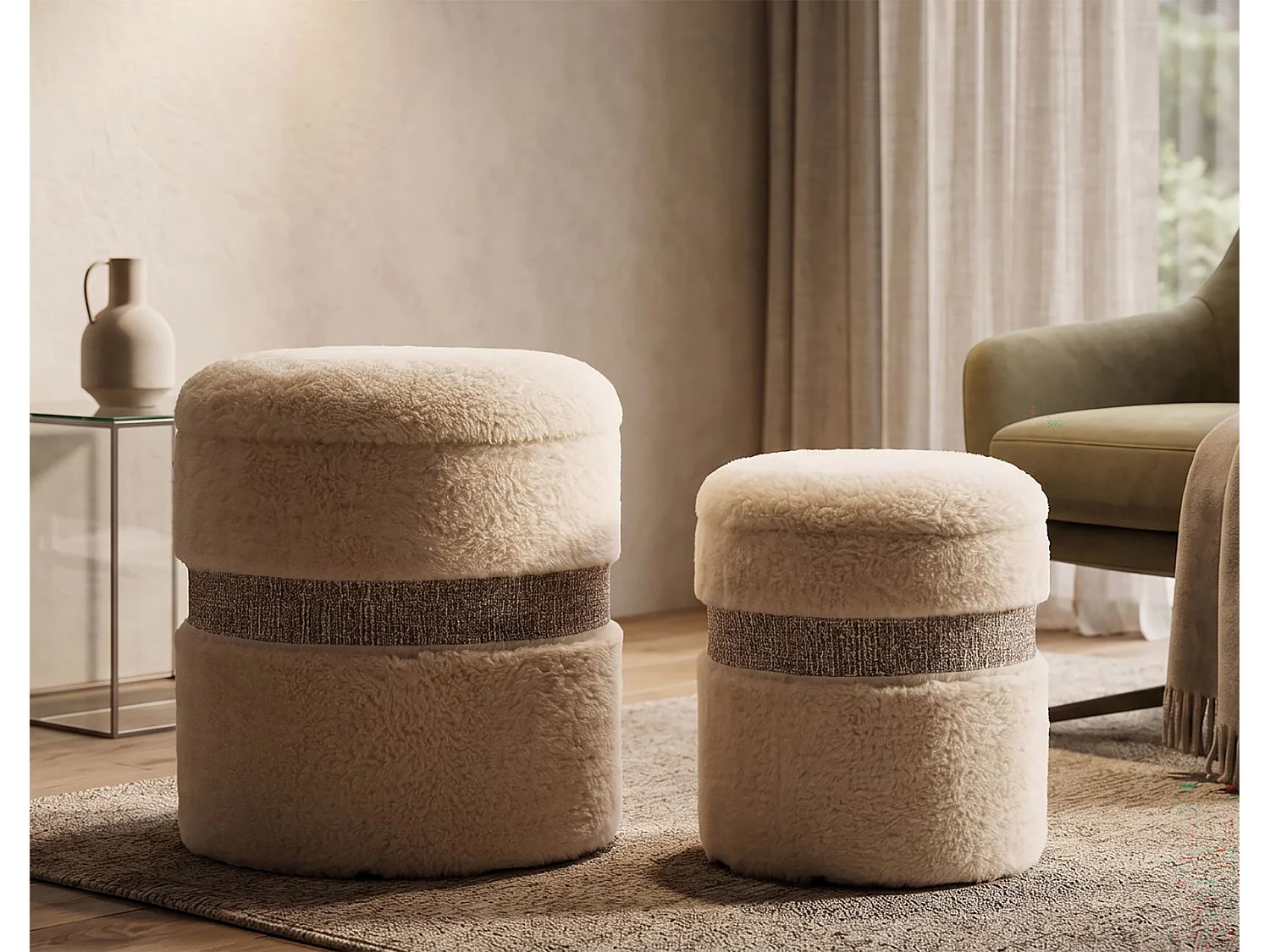 Lot de 2 Poufs Coffres "Saint Moritz" 47cm Crème
