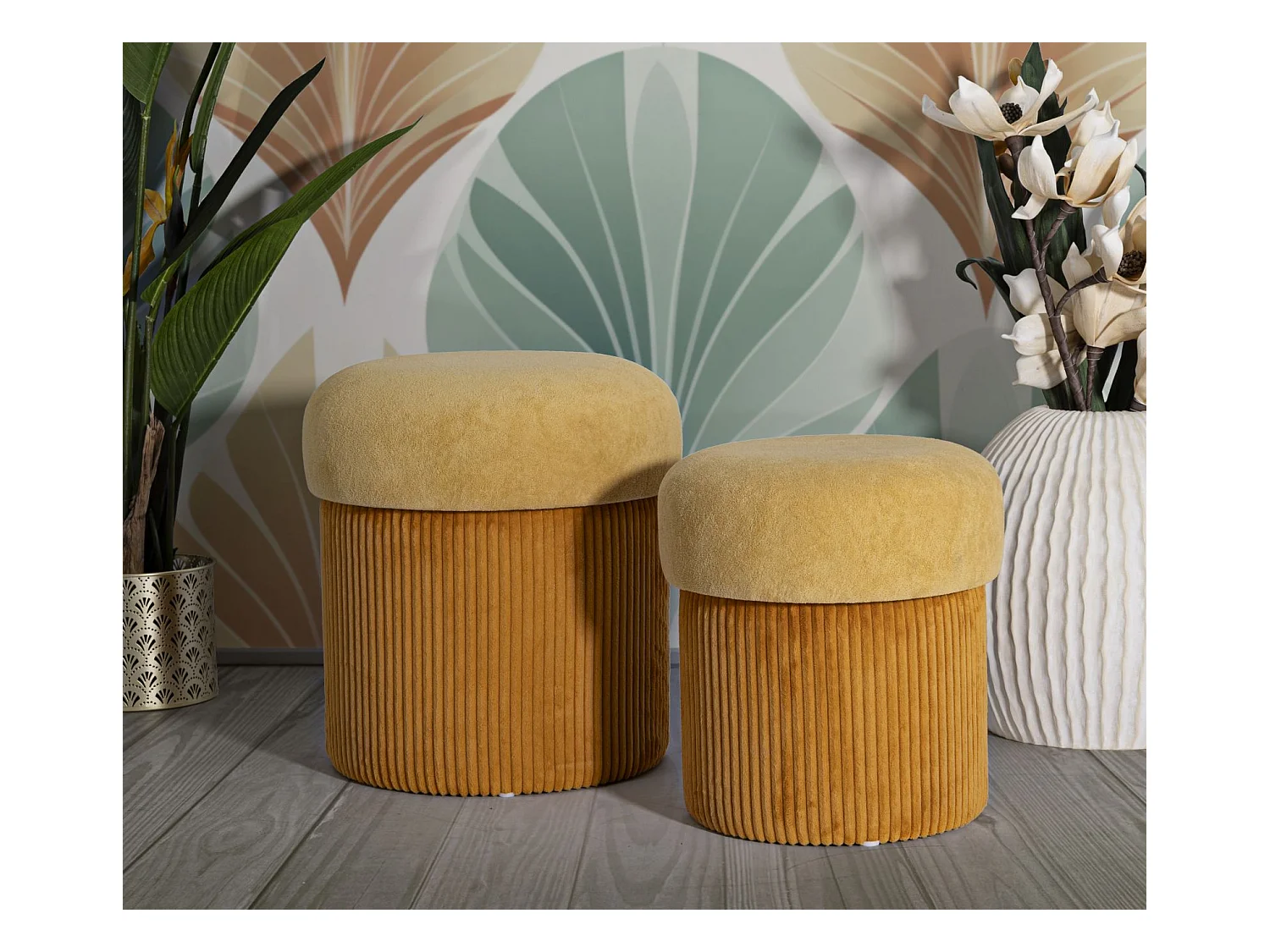 Lot de 2 poufs conteneurs moutarde cm ø 42x44-35x37
