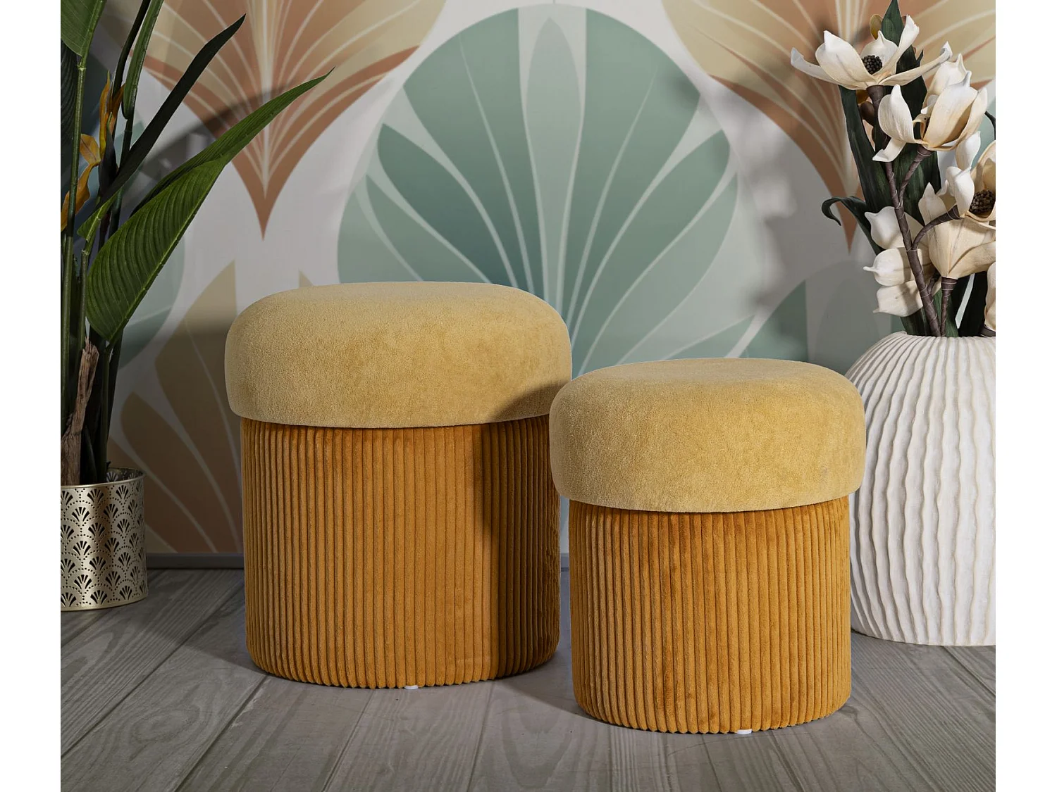 Lot de 2 poufs conteneurs moutarde cm ø 42x44-35x37