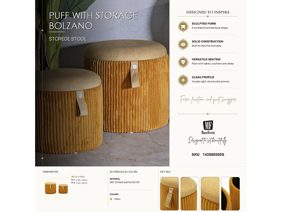 Lot de 2 Poufs Coffres "Bolzano" 38cm Moutarde