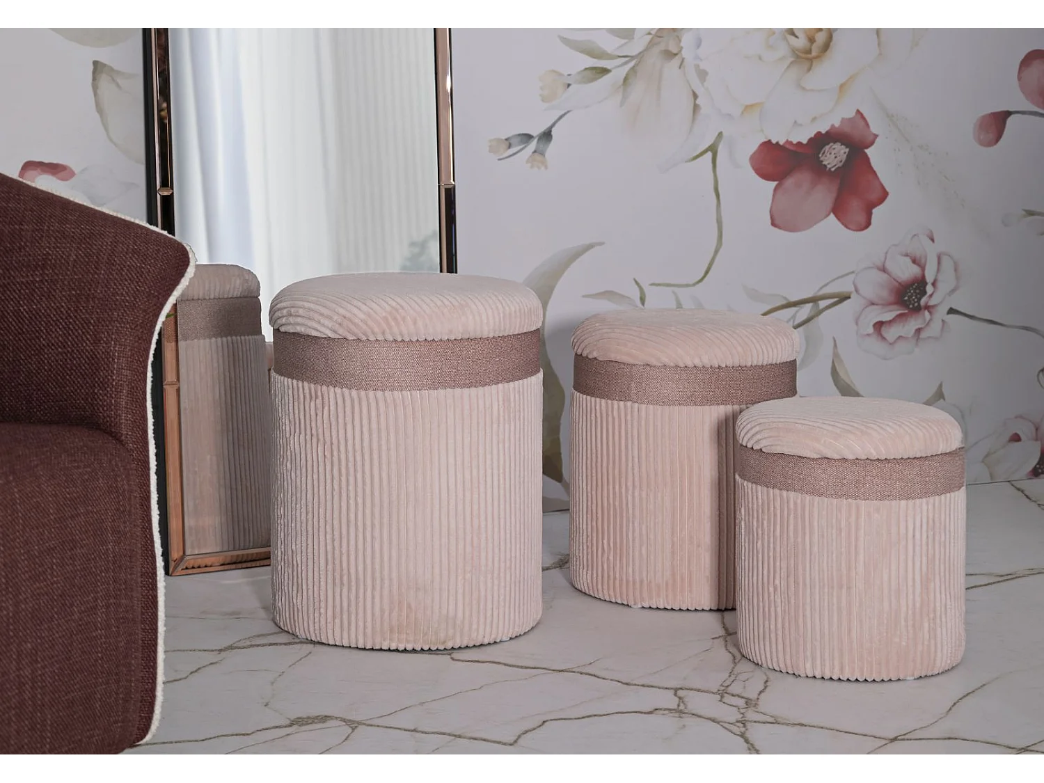 Pouf avec conteneur 3 pièces cm ø 40x49-35x42-31x38