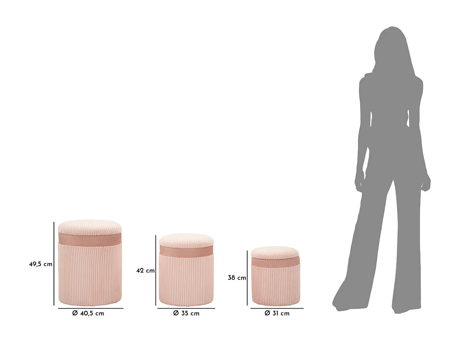 Lot de 3 Poufs Coffres "Curtain" 49cm Rose