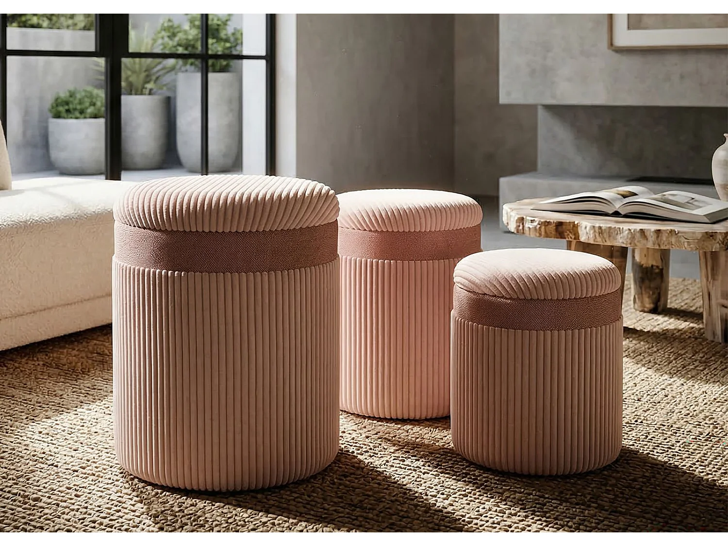 Zestaw 3 puf Cortina Pink ze schowkiem - 3-częściowy zestaw z płyty MDF i tkaniny z wewnętrzną przestrzenią, nowoczesny, praktyczny i oszczędzający miejsce design