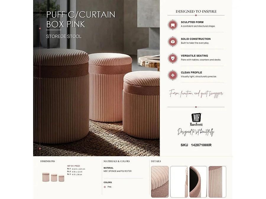 Zestaw 3 puf Cortina Pink ze schowkiem - 3-częściowy zestaw z płyty MDF i tkaniny z wewnętrzną przestrzenią, nowoczesny, praktyczny i oszczędzający miejsce design
