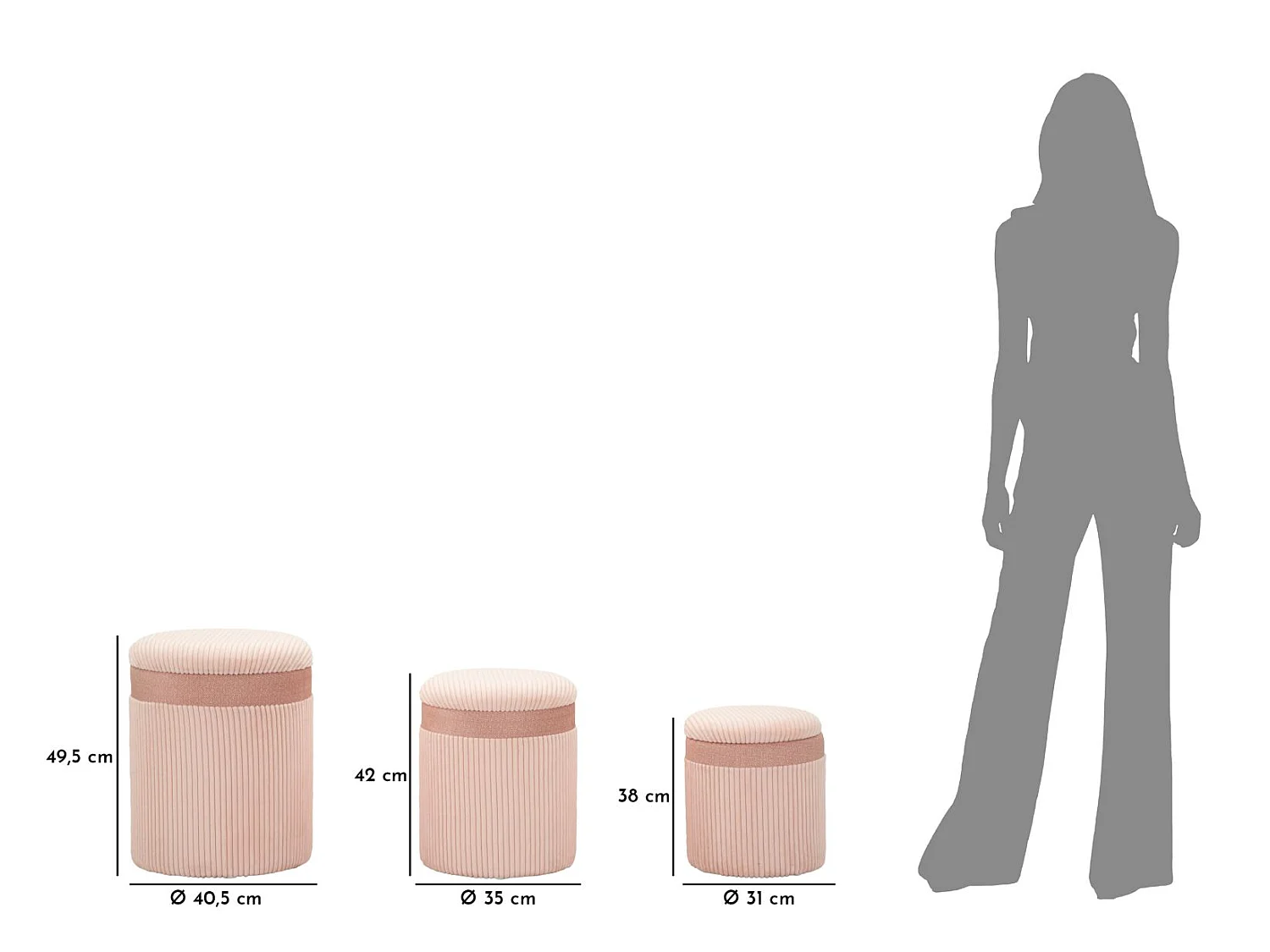Lot de 3 Poufs Coffres "Curtain" 49cm Rose