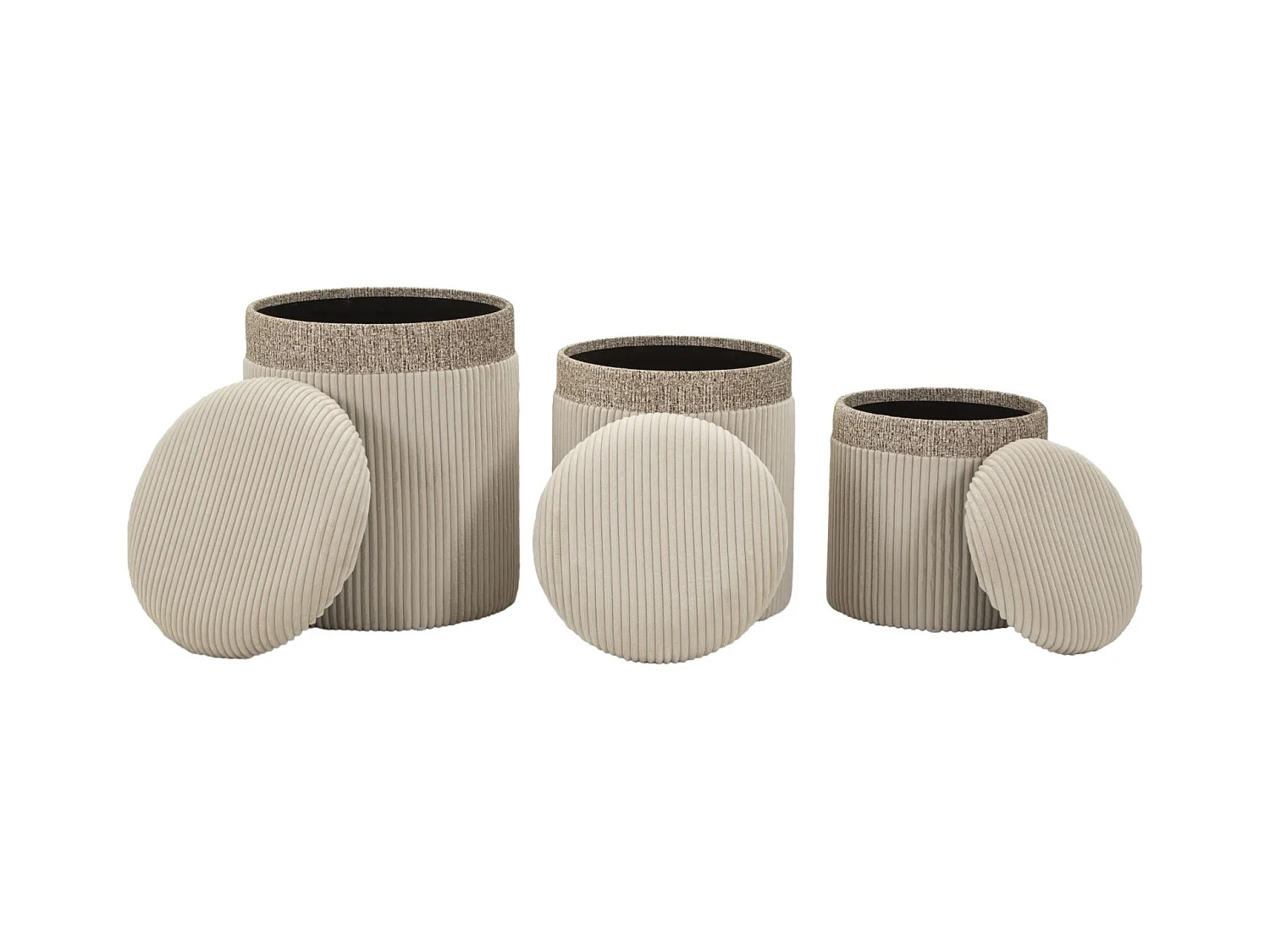 Pouf crème avec récipient, lot de 3, cm ø 40,5x49,5-35x42-31x38