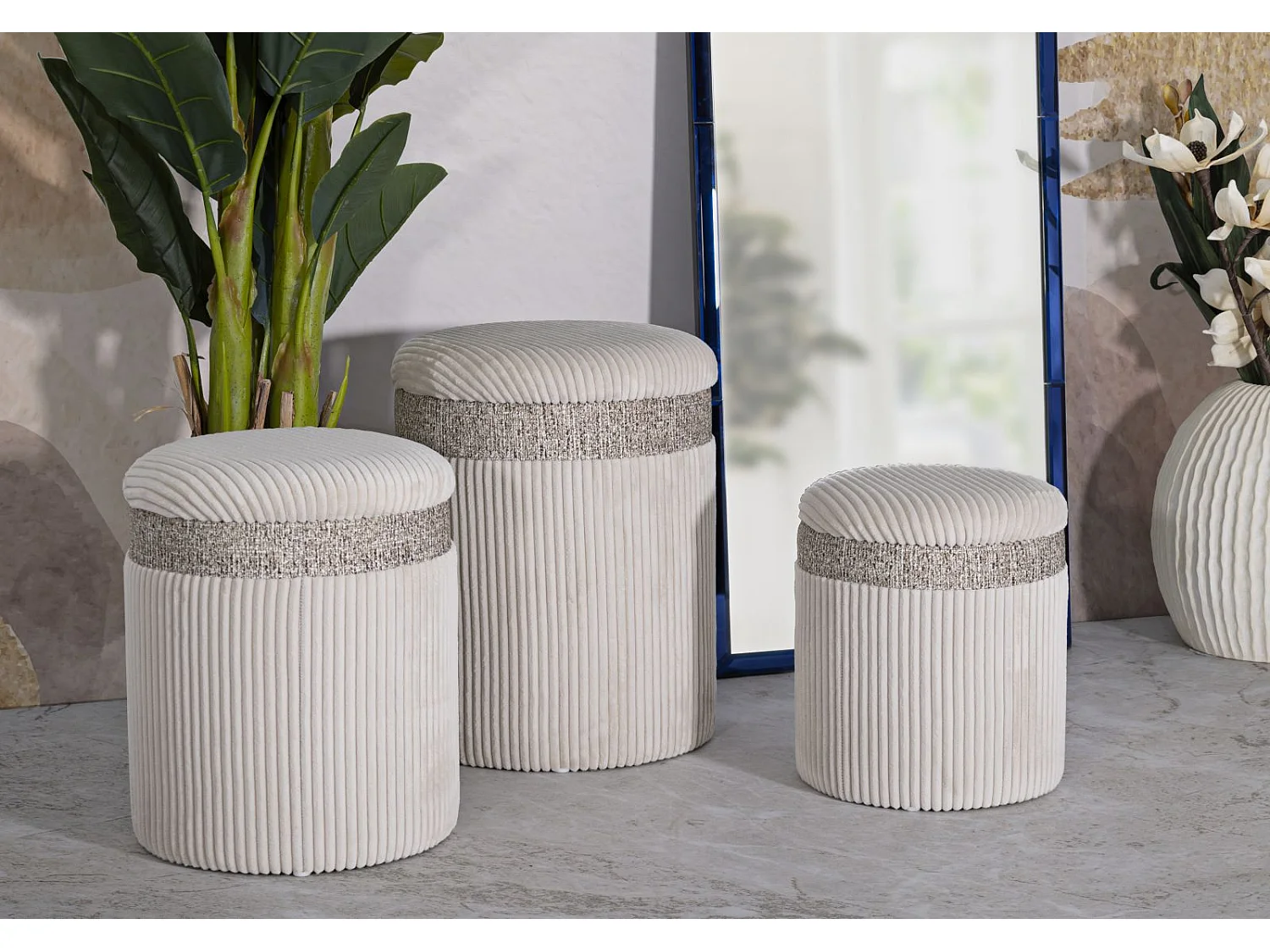 Lot de 3 Poufs Coffres "Curtain" 49cm Crème