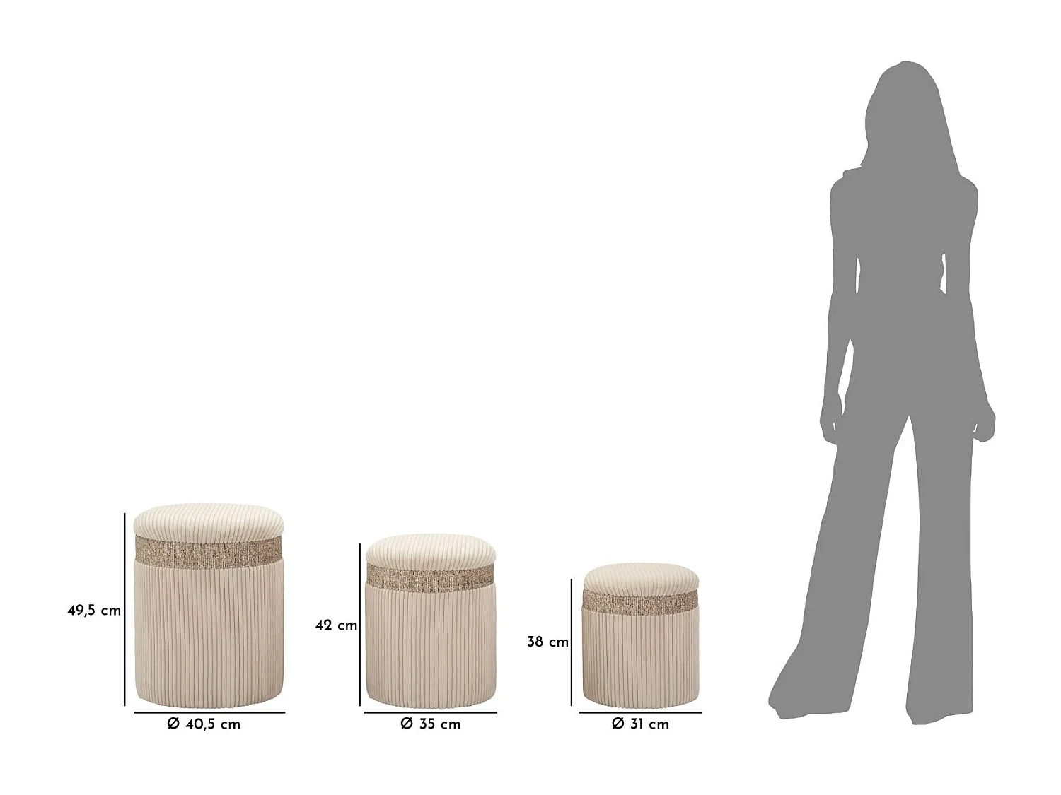 Lot de 3 Poufs Coffres "Curtain" 49cm Crème