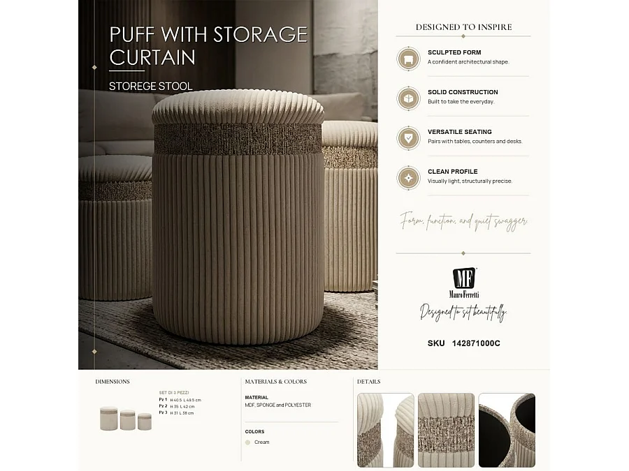 Zestaw 3 puf Cortina Cream ze schowkiem - 3-częściowy zestaw z płyty MDF i tkaniny z wewnętrzną przestrzenią, nowoczesny, praktyczny i oszczędzający miejsce design