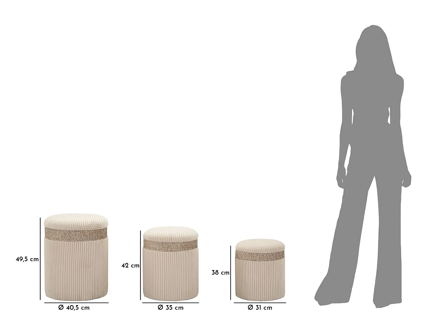 Lot de 3 Poufs Coffres "Curtain" 49cm Crème