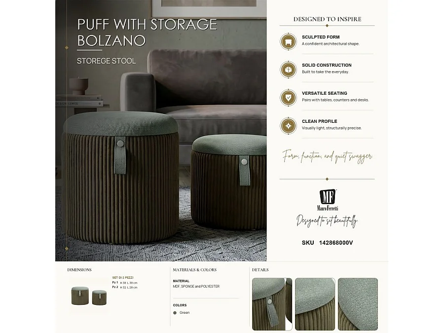 Set di 2 pouf contenitore verde cm ø 38x38-32x28