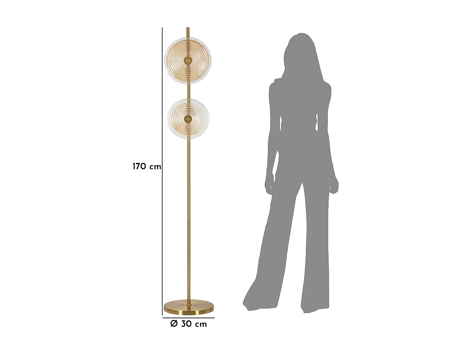 Staande lamp van goudkleurig metaal en glas Ø 30x170 cm