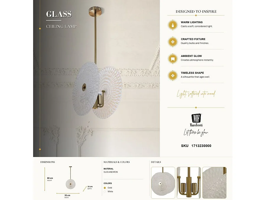 Lampe Suspension en Verre "Circle" 35cm Blanc & Or