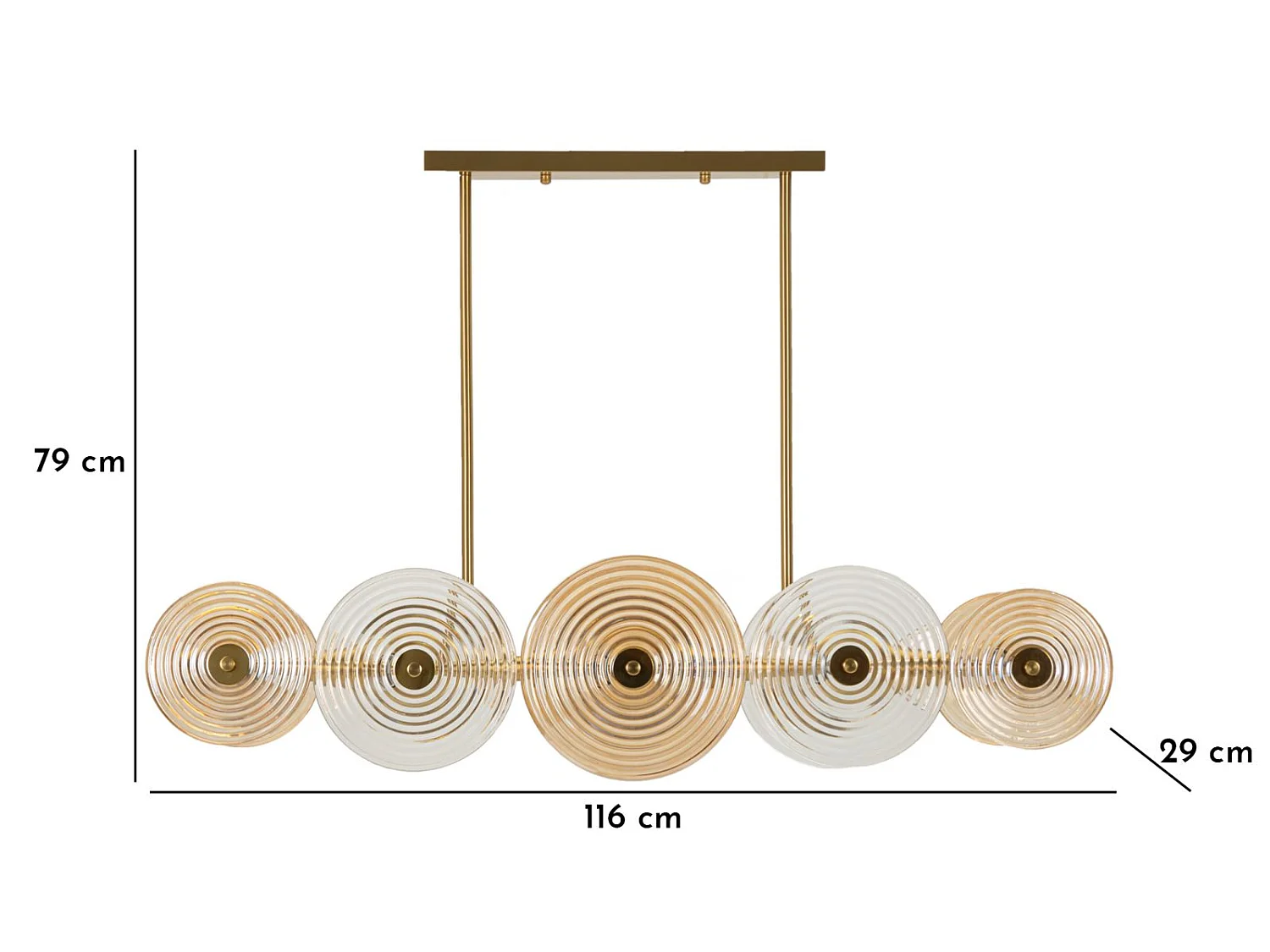 Kroonluchter in metaal en goudkleurig glas 116x27x79 cm