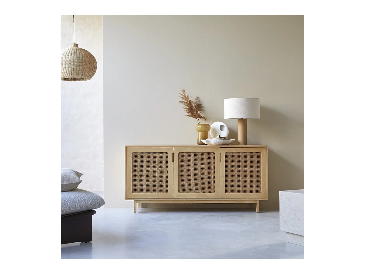 Buffet en bois d'orme massif et cannage Luis 160 cm