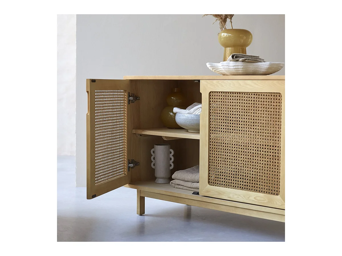 Buffet en bois d'orme massif et cannage Luis 160 cm